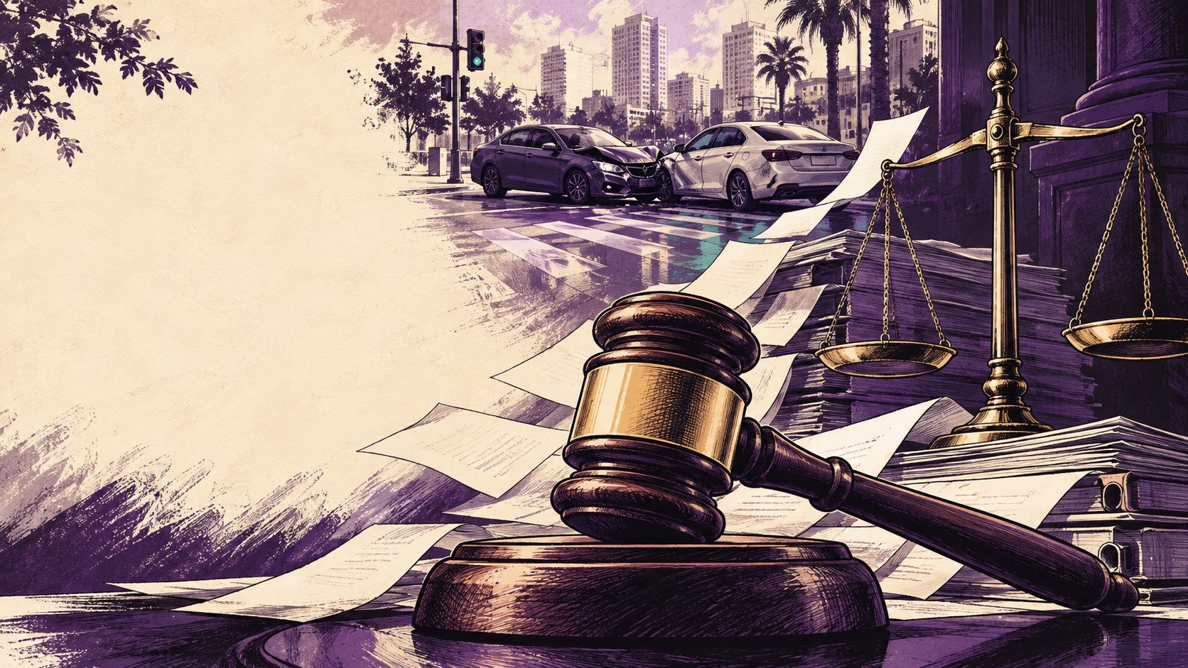 איור קומיקס של פטיש בית משפט, מאזניים ותאונת דרכים. איור המחשה, לא צילום מקרה אמיתי